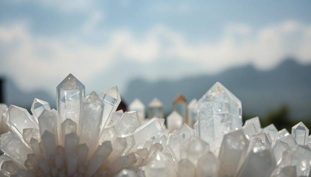A visually mesmerizing scene of crystal vibrations, captured with a wide-angle lens and soft, diffused lighting. In the foreground, a cluster of quartz crystals emanate a subtle, pulsating glow, their facets refracting and reflecting light in a hypnotic dance. The middle ground features a variety of other crystals, each with its own unique energy signature, gently vibrating in sync with the rhythm of the quartz. The background is a hazy, ethereal landscape, blurred and dreamlike, creating a sense of depth and mysticism. The overall atmosphere is one of serene, otherworldly tranquility, inviting the viewer to attune to the energetic frequencies of the crystals.
