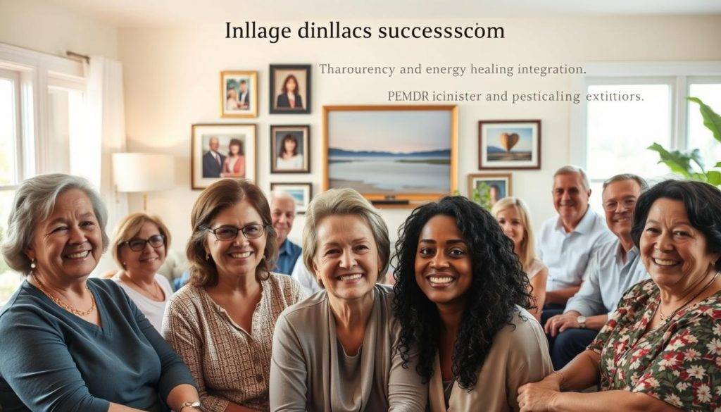 A warm and inviting scene depicting real-life client success stories. In the foreground, a group of people of diverse ages and backgrounds are gathered, their faces expressing joy, gratitude, and a sense of empowerment. They are seated comfortably in a cozy, well-lit living room, surrounded by soft natural lighting filtering through large windows. In the middle ground, framed photographs and artworks adorn the walls, showcasing the clients' personal journeys and transformations. The background features a serene, calming landscape, hinting at the profound inner peace and balance these individuals have achieved through their experiences. The overall atmosphere exudes a sense of community, healing, and the profound impact of EMDR and energy healing integration.