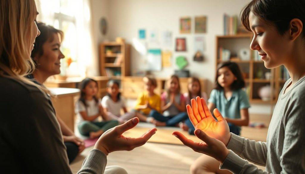 A warm, harmonious family setting with a vibrant, educational school environment. In the foreground, a mother and child practice gentle energy work, their palms glowing with a soft, healing light. In the middle ground, a group of children and teachers engage in mindfulness exercises, their faces serene and focused. The background reveals a cozy, sun-dappled classroom, bookshelves, and educational materials, conveying the integration of energy work into the academic setting. Soft, diffused lighting creates a sense of calm and connection. A wide-angle lens captures the holistic, nurturing atmosphere of this family-school energy healing integration.