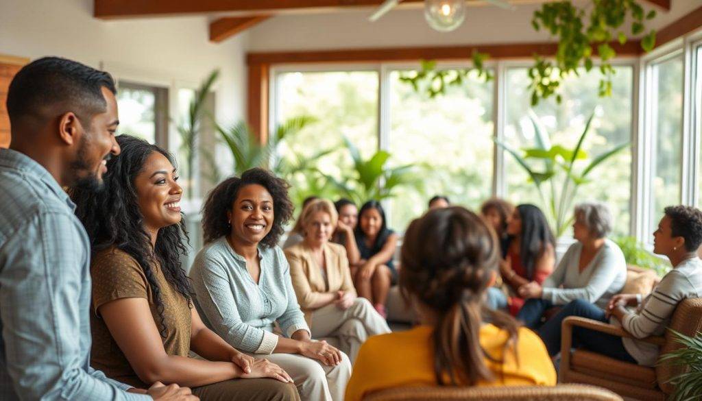 A warm, inviting community center set against a backdrop of lush greenery. In the foreground, a group of diverse individuals are engaged in a mentorship session, their faces radiating encouragement and support as they lean in, listening attentively. The middle ground features a cozy seating area where people of all ages are engaged in deep conversation, sharing experiences and offering guidance. Soft, natural lighting filters through large windows, creating a sense of openness and connection. The atmosphere is one of inclusivity, empowerment, and a shared commitment to personal growth and intentional living.