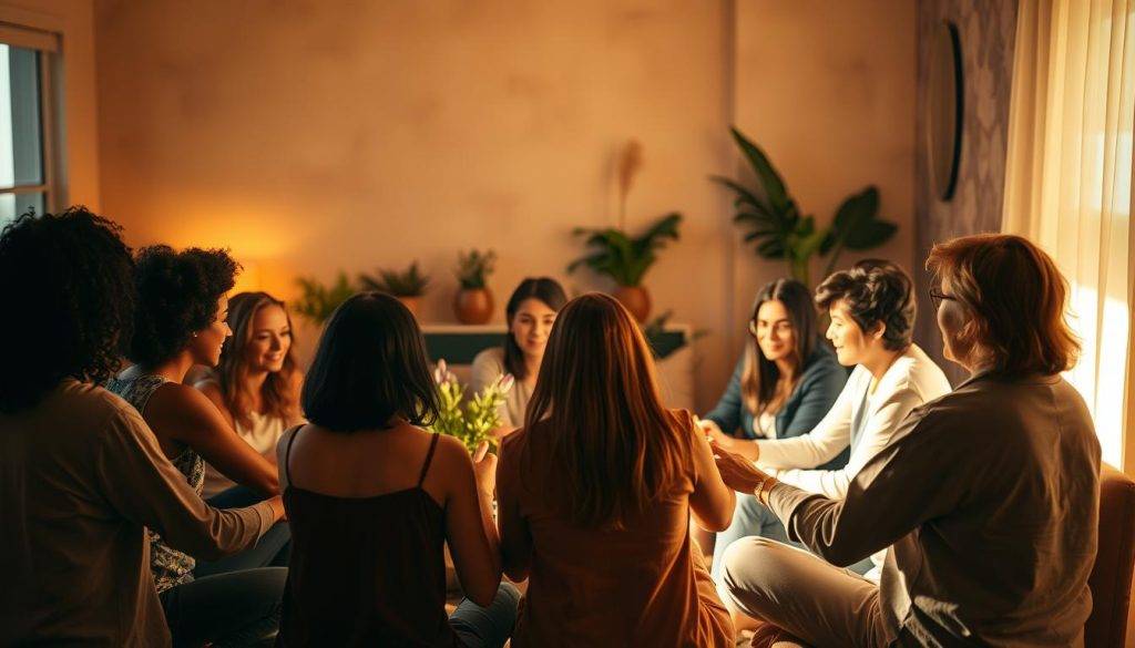 A warm, inviting community gathering in a cozy, dimly lit living room. In the foreground, a diverse group of people sit in a circle, holding hands and sharing a moment of deep connection. Soft, golden lighting bathes the scene, creating an atmosphere of intimacy and trust. In the middle ground, plants and natural elements adorn the space, symbolizing fertility and growth. The background fades into a softly blurred, earthy-toned wall, conveying a sense of grounded, holistic support. An aura of compassion and understanding permeates the scene, capturing the essence of integrating community and holistic care for conception.