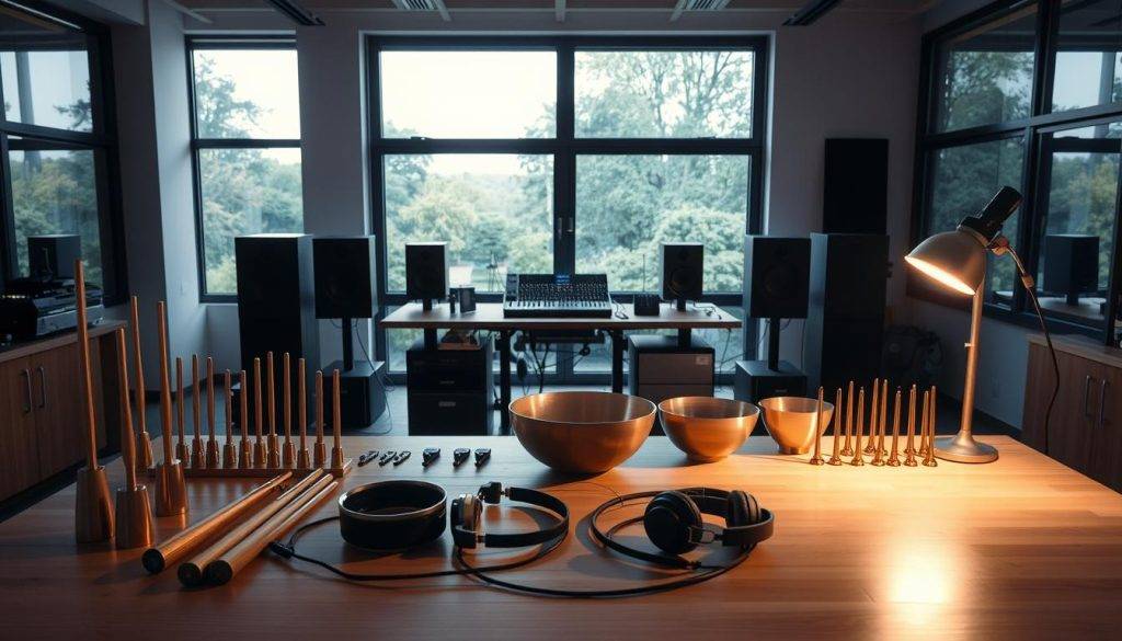 A well-equipped frequency healing experimentation setup in a serene, dimly lit laboratory. In the foreground, an array of tuning forks, resonance bowls, and binaural beat headphones arranged on a clean, wooden table. The middle ground features a high-quality audio system, with speakers and a sound mixer, bathed in a soft, ambient glow. In the background, a large, panoramic window overlooks a tranquil garden, the natural light filtering in and creating a calming, meditative atmosphere. The scene conveys a sense of scientific inquiry and spiritual exploration, with a focus on the interplay between technology and holistic healing.