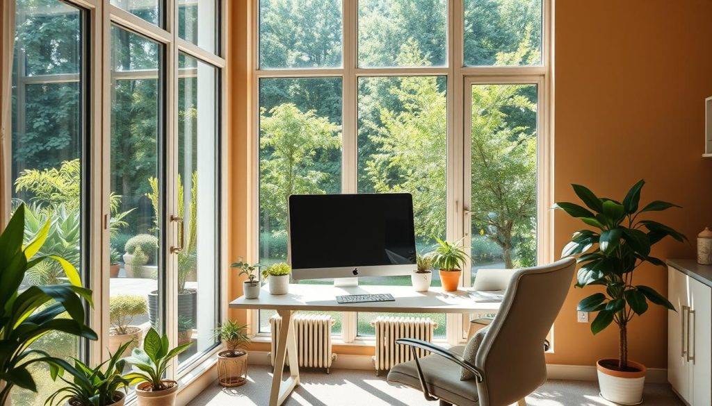 A well-lit, airy home office with large windows overlooking a lush, verdant garden. Sunlight streams through the glass, casting a warm, natural glow over a minimalist, ergonomic desk setup. A sleek, modern computer monitor is flanked by potted plants and a clutter-free workspace, encouraging focus and productivity. The walls are painted in a soothing, earthy tone, complemented by natural wood accents and a plush, comfortable office chair. The overall atmosphere exudes a sense of serenity and balance, promoting a healthy, rejuvenating remote work environment.