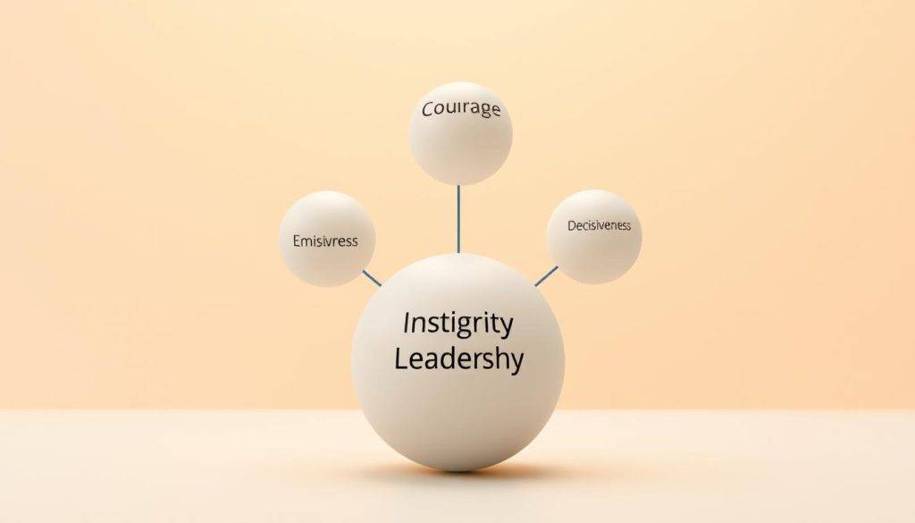 A well-lit, high-resolution image of the core leadership behaviors, depicted as a set of interconnected spheres or shapes in a clean, minimalist style. The foreground features a central sphere representing "Integrity," surrounded by smaller spheres for "Courage," "Empathy," "Vision," and "Decisiveness." The middle ground showcases these spheres in a balanced, harmonious arrangement, with a subtle, warm color palette. The background is a serene, neutral gradient, allowing the core elements to take center stage and convey a sense of focus, clarity, and executive presence.