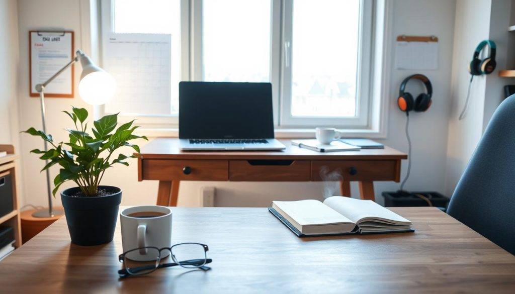 A well-lit home office, with a sturdy wooden desk at the center. On the desk, a sleek laptop, a planner, and a cup of steaming coffee. In the foreground, a potted plant and a pair of reading glasses, signifying focus and organization. The middle ground features a wall-mounted calendar, a to-do list, and a pair of noise-canceling headphones, hinting at a structured daily routine. The background showcases a large window, allowing natural light to flood the space and create a sense of openness and serenity. The overall atmosphere conveys a balanced, productive, and intentional remote work environment.