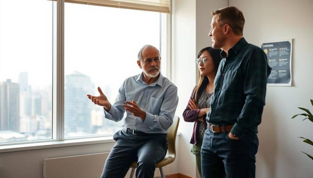 A well-lit office setting, with a coach and a client engaged in a thoughtful discussion. The coach, in a button-down shirt and slacks, leans forward, gesturing emphatically as they provide constructive feedback. The client, in a casual but professional attire, listens intently, their expression a mix of focus and openness. The background features a minimalist design, with a large window overlooking a cityscape, bathing the scene in warm, natural light. Subtle hints of inspirational imagery, such as motivational quotes or career development charts, adorn the walls, creating an atmosphere of growth and self-awareness.