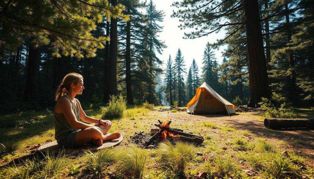 A wilderness campsite nestled in a lush, forested glen. In the foreground, a traveler sits cross-legged on a woven mat, preparing herbs and sacred items for a vision quest. Dappled sunlight filters through the canopy, casting a warm, contemplative glow. Nearby, a small fire smolders, its smoke curling upwards, symbolizing the connection between the physical and spiritual realms. In the middle ground, a sturdy tent stands ready, a haven for solitary meditation. The background reveals towering pine trees, their branches reaching towards the sky, a sense of ancient wisdom and natural tranquility pervading the scene. This image captures the mindset of reverence, introspection, and deep connection to the natural world that precedes a transformative vision quest.