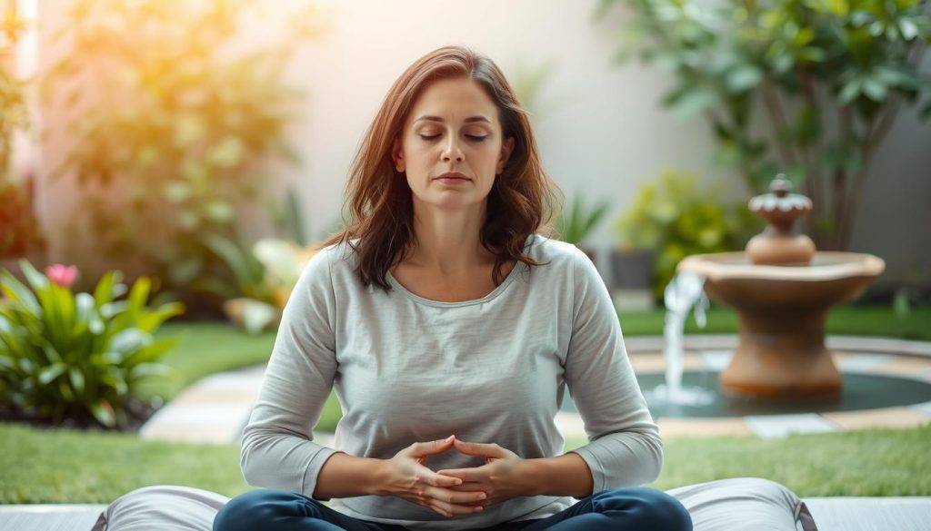 A woman sitting on a meditation cushion, eyes closed, hands resting gently in her lap. Soft, diffused lighting illuminates her face, casting a warm, soothing glow. In the background, a calming, natural scene unfolds - a tranquil garden with lush foliage and a small, trickling fountain. The overall atmosphere is one of serenity and inner peace, reflecting the woman's journey through the emotional and physical changes of menopause.