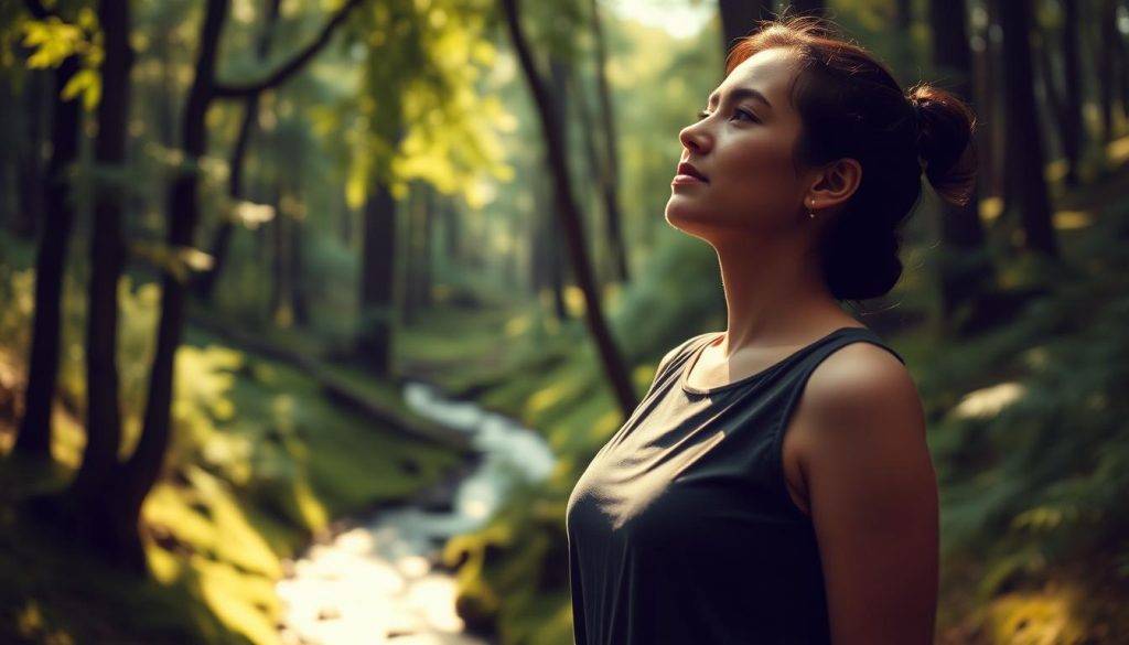 A woman standing in a serene forest, sunlight filtering through the canopy, casting a warm glow on her face as she gazes inward, deep in contemplation. Her posture is relaxed, but her expression is one of discovery, as if she has just uncovered a profound truth about herself. The background is a lush, verdant landscape, with towering trees and a meandering stream, suggesting a sense of renewal and restoration. The composition is balanced, with the woman positioned slightly off-center, drawing the viewer's eye to her introspective moment. The lighting is soft and diffused, creating a dreamlike, meditative atmosphere, inviting the viewer to pause and reflect alongside her. A woman standing in a serene forest, sunlight filtering through the canopy, casting a warm glow on her face as she gazes inward, deep in contemplation. Her posture is relaxed, but her expression is one of discovery, as if she has just uncovered a profound truth about herself. The background is a lush, verdant landscape, with towering trees and a meandering stream, suggesting a sense of renewal and restoration. The composition is balanced, with the woman positioned slightly off-center, drawing the viewer's eye to her introspective moment. The lighting is soft and diffused, creating a dreamlike, meditative atmosphere, inviting the viewer to pause and reflect alongside her.
