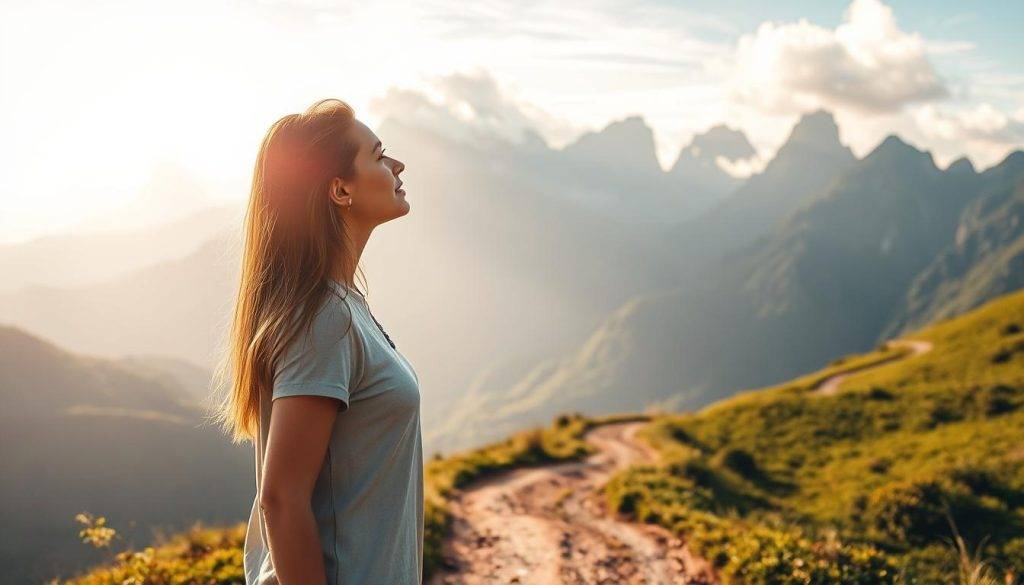 A woman stands at the crest of a hill, her gaze lifted towards the distant horizon. Soft, golden light filters through wispy clouds, illuminating her face with a serene, introspective expression. In the foreground, a meandering path winds through a lush, verdant landscape, symbolizing the journey of self-discovery. Towering mountains rise in the background, their rugged peaks a metaphor for the challenges and transformations of the spiritual awakening. The scene evokes a sense of contemplation, inner growth, and the empowerment that comes from embracing the natural cycles of life.