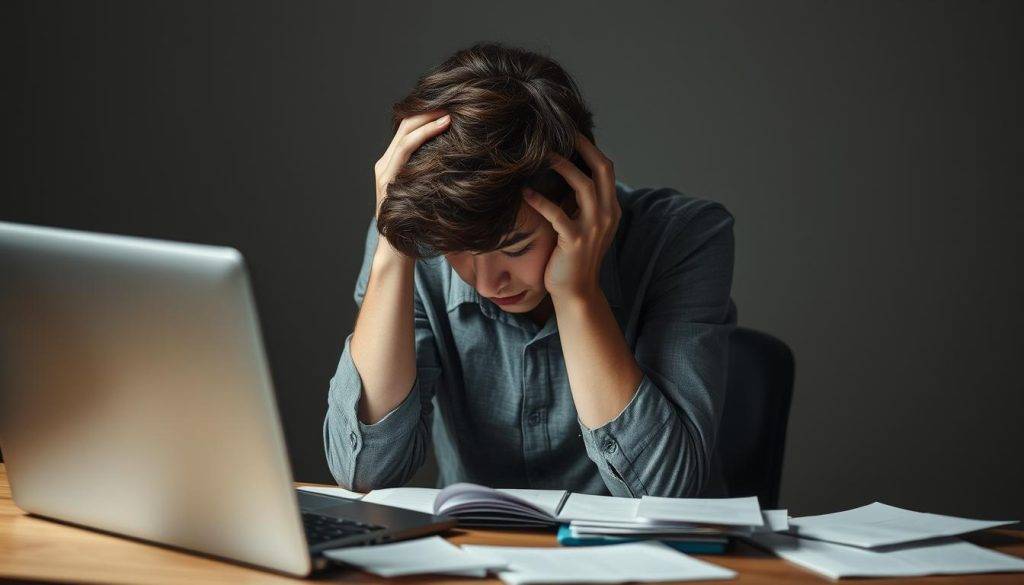 A young adult sitting at a desk, their head in their hands, eyes strained with exhaustion. Scattered papers and a laptop suggest an academic or professional setting, while the figure's hunched posture and pained expression convey the weight of stress and anxiety. The background is dimly lit, with muted tones to create a sense of overwhelm and isolation. Soft, directional lighting illuminates the subject's face, highlighting the tension in their features. The overall composition emphasizes the individual's struggle with the pressures of this transitional phase of life.