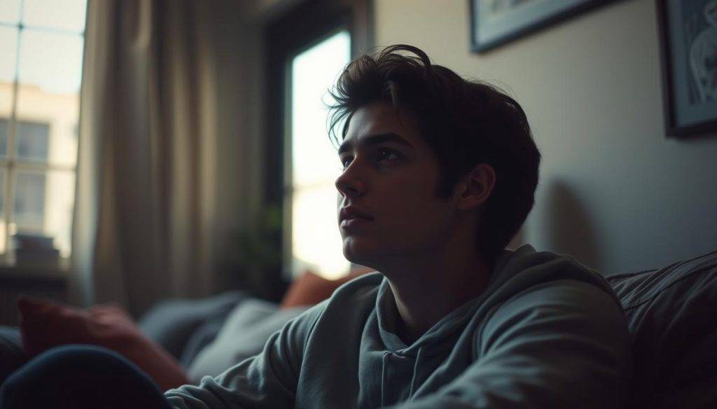 A young adult sitting in a cozy, dimly-lit room, lost in contemplation. Soft natural light filters through a nearby window, casting a warm glow on their face. Their expression is one of introspection, as they ponder the challenges and questions of their quarter-life. The background is blurred, allowing the viewer to focus on the subject's introspective state. The scene conveys a sense of solitude and self-reflection, inviting the viewer to empathize with the internal journey of navigating this transitional period.