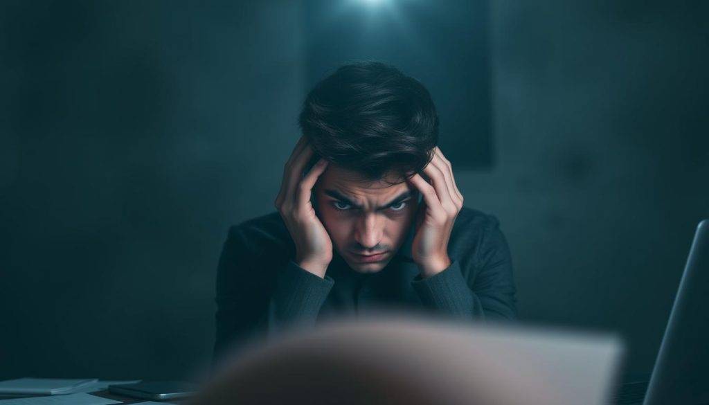 A young adult with furrowed brows, hands clutching their head in distress, surrounded by a hazy, dreamlike background. Muted tones of gray and blue evoke a sense of uncertainty and anxiety. In the middle ground, a dimly lit office desk with scattered papers and a laptop, symbolizing the pressures of career and adulthood. The foreground is softly blurred, drawing the viewer's eye to the central figure's troubled expression. Overhead, a single beam of light cuts through the gloom, casting a somber, pensive mood. The overall composition conveys the overwhelming feelings of a quarter-life crisis, a pivotal moment of transition and self-discovery.