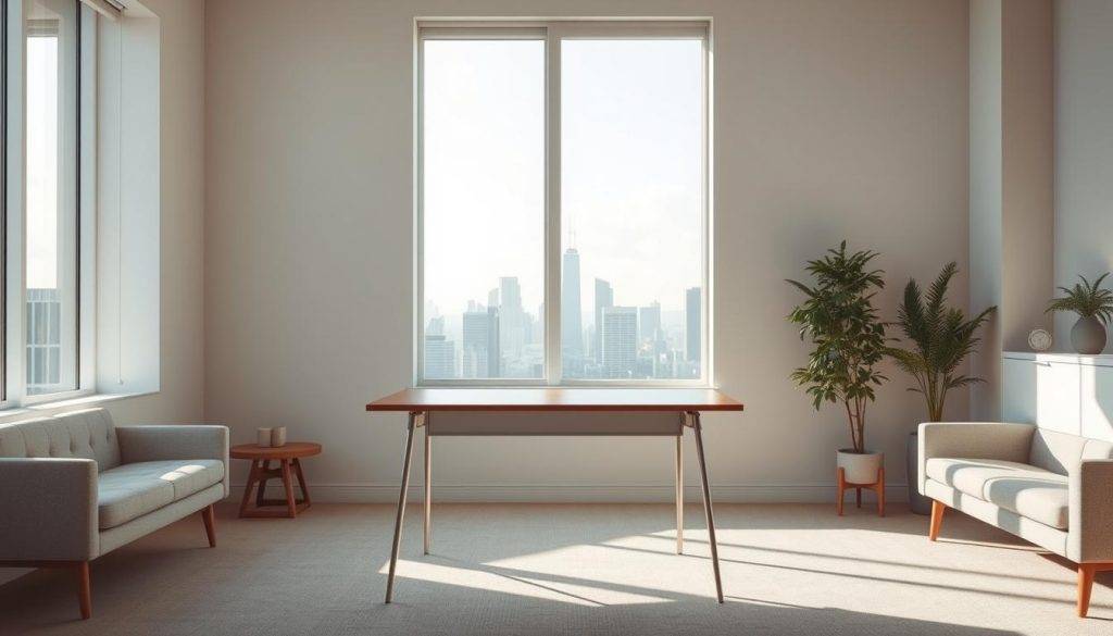 An airy, well-lit office space filled with a sense of possibility. In the foreground, a desk stands empty, signifying the transition of an "empty nest" phase. Framed against a large window, the view opens up to a city skyline, hinting at the career opportunities that lie ahead. Soft natural lighting filters in, creating a warm, contemplative atmosphere. Subtle textures adorn the minimalist furniture, conveying a balanced, uncluttered aesthetic. This scene invites the viewer to imagine a new chapter, where purpose and fulfillment can be rediscovered amidst life's evolving transitions. An airy, well-lit office space filled with a sense of possibility. In the foreground, a desk stands empty, signifying the transition of an "empty nest" phase. Framed against a large window, the view opens up to a city skyline, hinting at the career opportunities that lie ahead. Soft natural lighting filters in, creating a warm, contemplative atmosphere. Subtle textures adorn the minimalist furniture, conveying a balanced, uncluttered aesthetic. This scene invites the viewer to imagine a new chapter, where purpose and fulfillment can be rediscovered amidst life's evolving transitions.