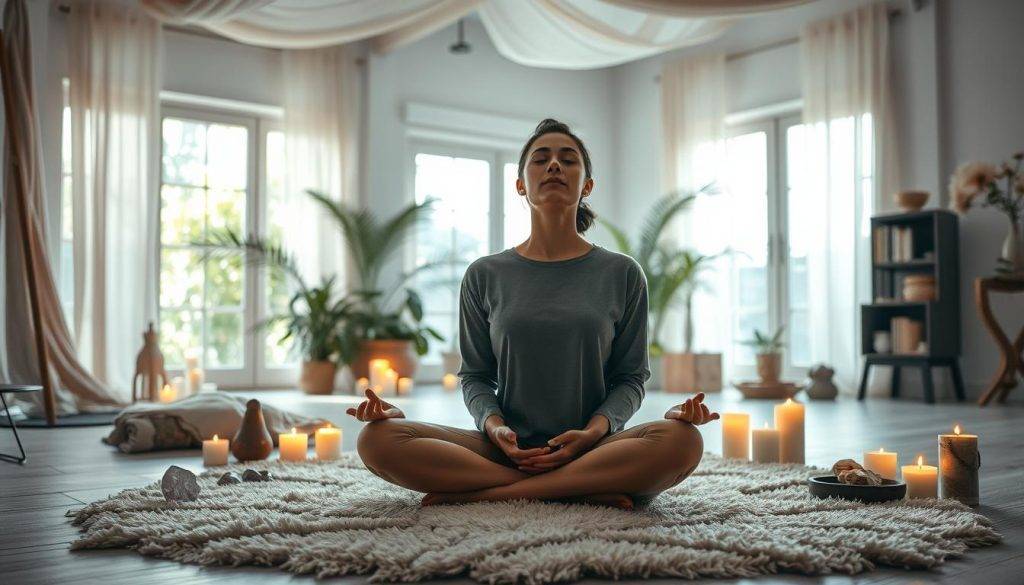 An airy, well-lit studio setting, with a person sitting cross-legged on a plush rug, eyes closed in deep focus. They are surrounded by crystals, candles, and a variety of meditation tools, creating a serene and introspective atmosphere. Soft, diffused lighting bathes the scene, highlighting the textures of the fabrics and the glow of the candles. The background is a mix of neutral tones, with hints of lush greenery peeking through large windows, suggesting a connection to nature. The overall mood is one of intentional, mindful listening, conducive to a successful Law of Attraction practice.