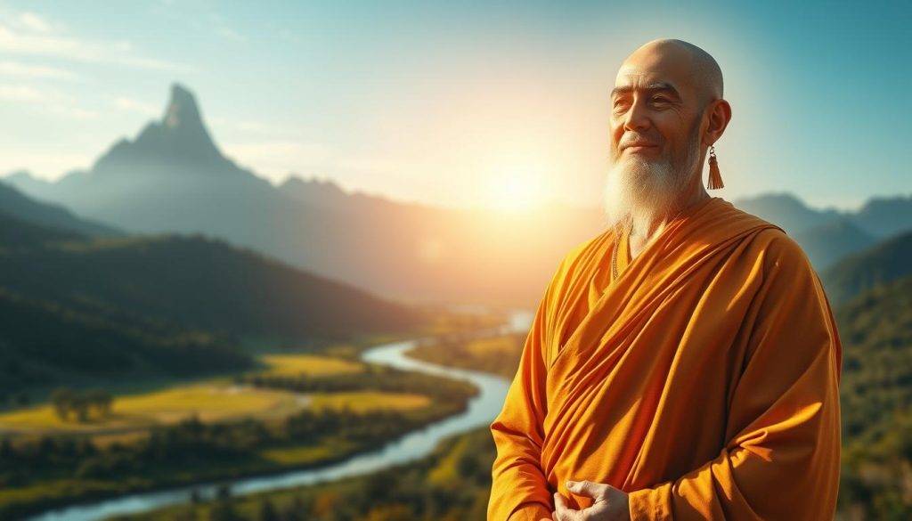 An enlightened spiritual leader stands tall, radiating a serene, benevolent presence. They are bathed in a warm, golden light, their face exuding wisdom and compassion. In the foreground, the figure is depicted with great attention to detail, their robes flowing gracefully. The middle ground features a tranquil, natural setting - a lush, verdant landscape with a hint of a winding river or lake. In the distance, a towering mountain range rises, its peaks piercing the sky. The overall atmosphere is one of profound stillness and inner peace, inviting the viewer to contemplate the depths of spiritual leadership and its transformative power.