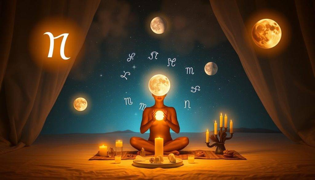 An ethereal aura envelops a serene tableau of zodiac-inspired intention setting. In the foreground, a figure sits cross-legged, hands cupped as if holding a glowing orb of cosmic energy. Zodiac symbols float around them, each casting a soft, colored light. The middle ground features a minimalist altar, adorned with crystals, candles, and natural elements aligned to the current moon phase. In the background, a starry night sky stretches out, hinting at the infinite possibilities of the universe. Warm, diffused lighting illuminates the scene, creating an atmosphere of contemplation and ritual. The overall composition evokes a sense of personal growth, self-reflection, and a connection to the rhythms of the cosmos.