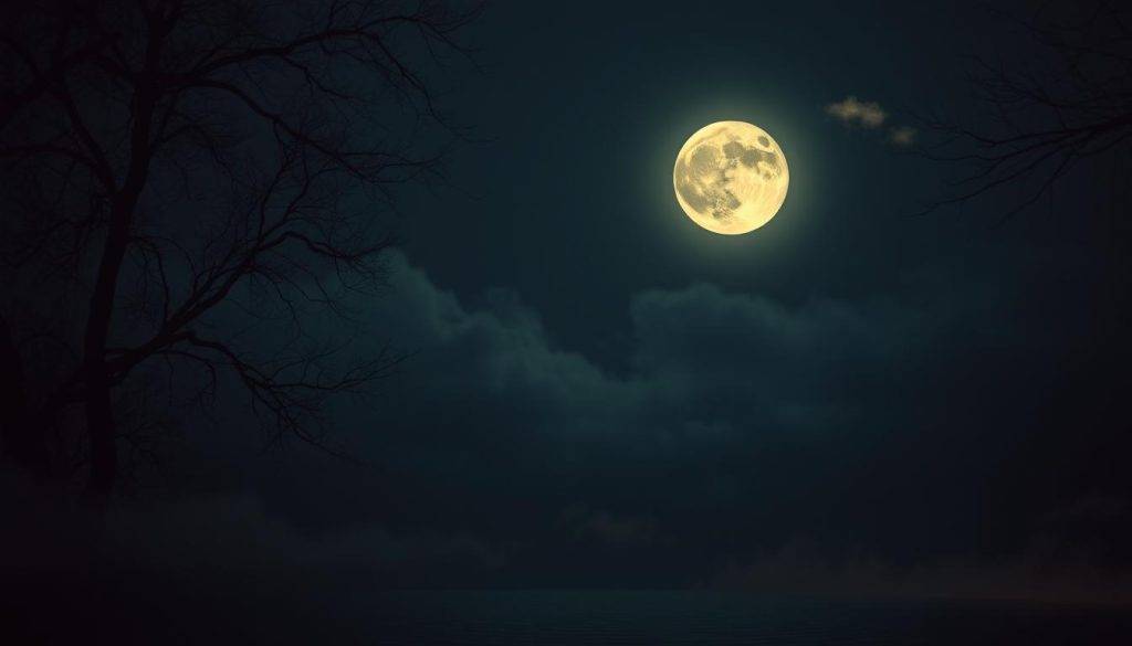 An ethereal new moon hovers in a velvety night sky, its pale glow casting a serene, mystical aura. Silhouetted tree branches reach skyward, their intricate forms echoing the moon's cycle. In the foreground, a shallow pool reflects the lunar light, rippling with an otherworldly energy. Wispy clouds drift across the scene, imbuing the atmosphere with a sense of tranquility and transition. The composition is crisp, with a warm, cinematic lighting that accentuates the contemplative, transformative nature of the new moon.
