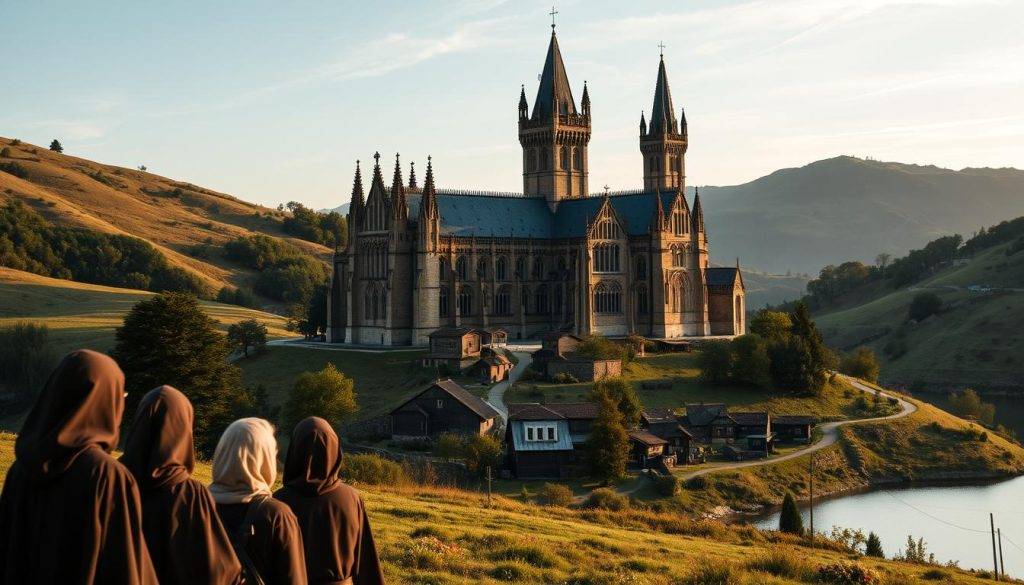 An imposing stone monastery nestled amidst rolling hills, surrounded by lush greenery and a tranquil lake. The structure features ornate Gothic architecture, with towering spires and detailed facades reflecting the soft light of the golden hour. In the foreground, a group of robed figures engage in quiet contemplation, their faces serene and introspective. The middle ground reveals a small community of humble dwellings, suggesting the self-sustaining nature of this monastic institution. In the distance, a winding path leads visitors towards the serene, spiritual heart of this secluded sanctuary, inviting deeper exploration and understanding.