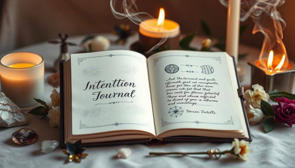 An intention-setting journal set against a serene, candlelit setting. The journal's cover features a moon or celestial motif, inviting the viewer to reflect and manifest their goals. The pages are open, showcasing elegant calligraphy and hand-drawn illustrations of astrological symbols. Soft, warm lighting casts a contemplative glow, while wispy wisps of smoke from a nearby incense burner add to the tranquil atmosphere. The composition is balanced, with the journal taking center stage, surrounded by supportive elements like crystals, flowers, and other natural accents. The overall mood is one of introspection, clarity, and a sense of purpose, perfectly suited for the section on incorporating intentions and affirmations into new moon rituals.