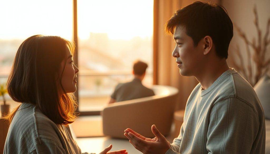 An intimate scene of modern social energy reading techniques, captured in a warm, soft-lit setting. In the foreground, two individuals engage in deep eye contact, their expressions radiating attentiveness and intuitive understanding. Their body language conveys a sense of subtle yet profound connection, as they navigate the nuances of unspoken communication. The middle ground features a minimalist, inviting interior, with natural textures and muted tones that create a sense of calm and introspection. In the background, a gently blurred cityscape suggests the broader context of everyday life, a reminder of the universal human need for meaningful social interactions. The overall atmosphere evokes the essence of Korean Nunchi - the art of reading and responding to the social energy around us.