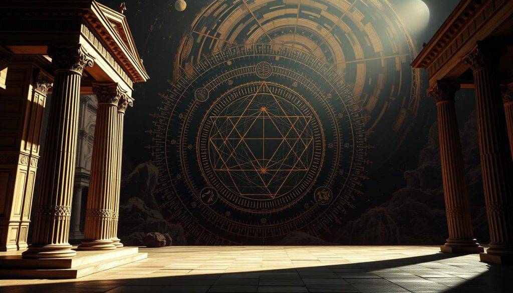 An intricate architectural composition showcasing the myths surrounding the golden ratio. In the foreground, a classical Greek temple with ornate columns and pediments, its proportions seemingly defying natural laws. In the middle ground, a mysterious alchemical diagram intertwining geometric shapes and symbolic elements. In the background, a swirling cosmic landscape, hinting at the deeper, esoteric connections between sacred mathematics and the fabric of the universe. Dramatic chiaroscuro lighting casts dramatic shadows, evoking a sense of mysticism and wonder. Captured with a wide-angle lens to emphasize the grand, imposing scale of the architectural elements. The overall mood is one of reverence and contemplation, inviting the viewer to ponder the complex relationship between myth, mathematics, and the built environment.