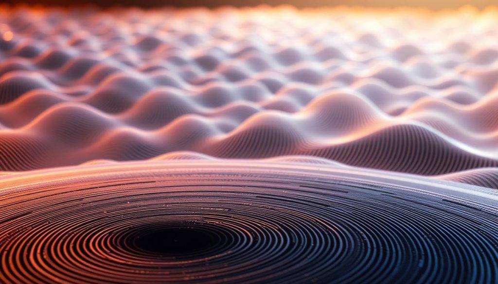 An intricate tapestry of mesmerizing frequency patterns, pulsing and undulating with a hypnotic rhythm. The foreground showcases a captivating display of concentric circles, their lines vibrating with a sublime energy, capturing the essence of cymatics and the power of sound to reveal the hidden harmonies of the universe. In the middle ground, organic waveforms cascade and converge, creating a mesmerizing visual symphony. The background is suffused with a soft, ethereal glow, casting a meditative atmosphere that invites the viewer to lose themselves in the dance of vibration. Lit by a warm, diffused light that accentuates the depth and dimensionality of the patterns, the image exudes a sense of tranquility and profound connection to the fundamental frequencies that shape our reality.