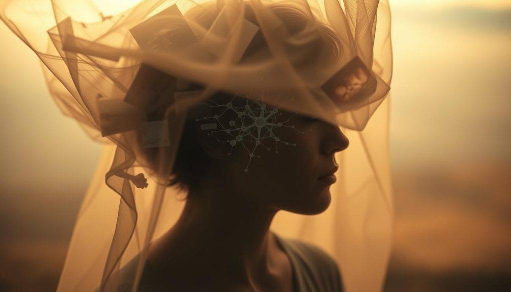 An introspective study of the inner workings of trauma memory processing. A person's mind is shrouded in a hazy, ethereal veil, symbolizing the opacity and complexity of the subconscious. In the foreground, fragments of memories swirl and overlap, represented by faint, ghostly images. The middle ground depicts a neural network of synapses, conveying the neurological activity underlying the process. The background features a soft, dreamlike landscape, evoking the subconscious realm where memories are stored and transformed. Soft, warm lighting casts a contemplative atmosphere, while a shallow depth of field draws the viewer's attention to the central subject. An intimate, psychological portrait of the mind's intricate mechanisms for healing trauma.