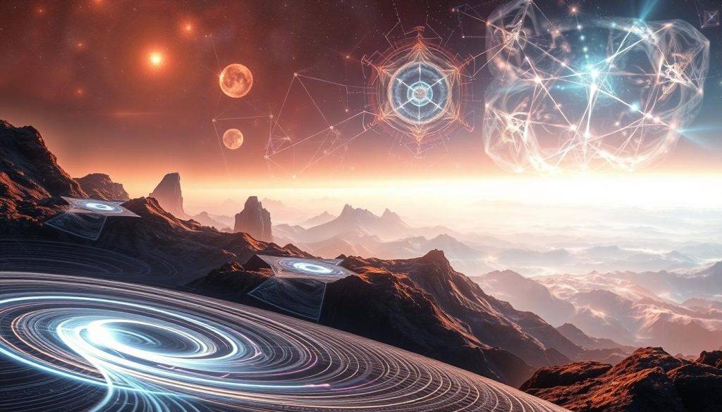 Brainwave entrainment frequencies, visualized as a captivating abstract landscape. In the foreground, swirling patterns of light and color pulsate in sync with the rhythmic binaural beats. The middle ground features geometric shapes and fractal-like structures, echoing the mathematical precision of the audio frequencies. The background is a vast, ethereal expanse, hinting at the expansive potential of the mind when exposed to these neural synchronization techniques. The lighting is soft and atmospheric, creating a sense of tranquility and introspection. The overall composition evokes the feeling of being immersed in a meditative, mind-altering experience.