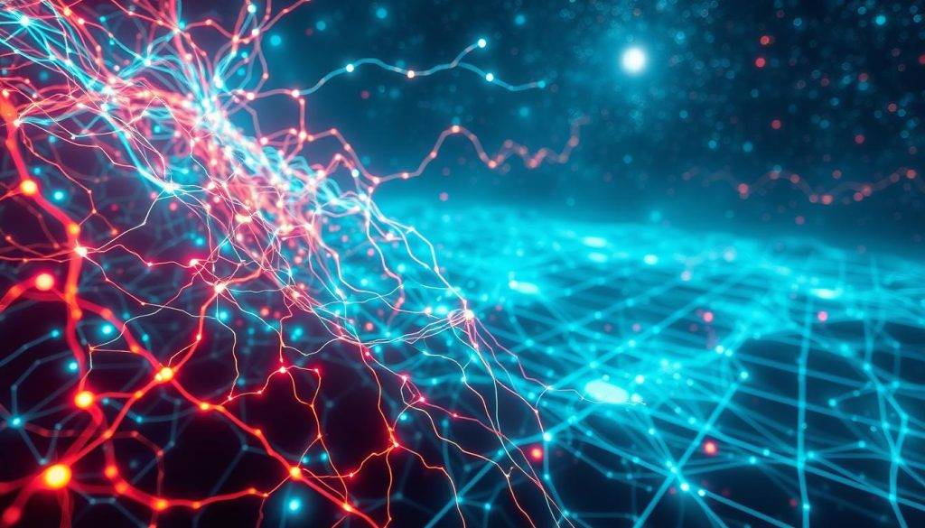 Cellular electromagnetic communication: a vibrant, glowing network of interconnected energy fields, undulating with intricate patterns of bioluminescent impulses. In the foreground, a dense web of neon-hued tendrils pulsing with ethereal light, conveying a sense of dynamic, bioelectronic activity. The middle ground reveals a shimmering matrix of geometric energy flows, like a living circuit board. In the background, a vast, cosmic landscape of luminous, swirling energy, hinting at the universal scale of these unseen biological communications. Captured with a high-resolution, wide-angle lens, the image emanates a sense of wonder and the mystical nature of the body's subtle energy systems.