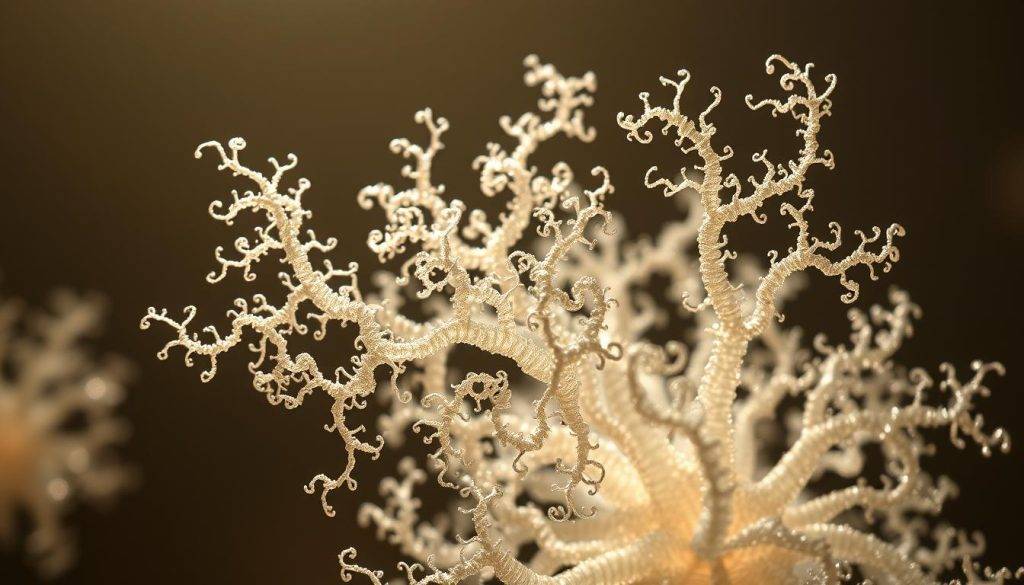 Detailed diffusion-limited aggregation patterns, forming intricate fractal structures. Shimmering, translucent tendrils spreading outward in a captivating, organic dance, illuminated by soft, directional lighting from the upper left. The patterns emerge from a muted, atmospheric background, hinting at the complex mathematical principles underlying their growth. Depth and perspective create a sense of three-dimensionality, inviting the viewer to explore the mesmerizing, self-similar shapes. Crisp, high-resolution rendering showcases the delicate complexity of this natural phenomenon, a visual representation of the hidden order within apparent chaos.