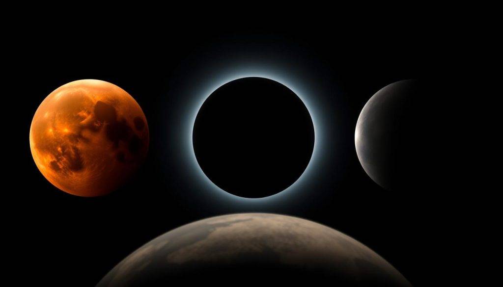 Detailed illustration of the different types of lunar eclipses, captured through a high-resolution lens. In the foreground, a partial lunar eclipse showcases the Moon's surface partially obscured by the Earth's shadow, casting an eerie, reddish-brown hue. In the middle ground, a total lunar eclipse depicts the Moon fully enveloped in darkness, transforming it into a mesmerizing celestial event. In the background, a penumbral lunar eclipse subtly displays the Moon's faint dimming as it passes through the Earth's outer shadow. The image is bathed in a dramatic, chiaroscuro lighting, highlighting the celestial mechanics and the symbolic significance of these natural phenomena.