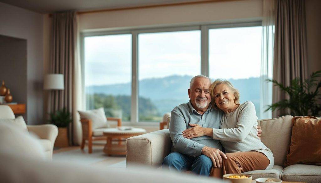 Embracing the tranquil transition of an empty nest. In the foreground, a serene living room with soft natural lighting, plush furnishings, and a cozy atmosphere. A mature couple, faces aglow with contentment, sit close together on a comfortable sofa, their embrace conveying a sense of newfound freedom and the opportunity to rediscover their relationship. In the middle ground, a large window frames a picturesque outdoor scene, hinting at the world of possibilities that awaits beyond the familiar confines of the home. The background subtly fades into a muted, contemplative palette, suggesting the thoughtful introspection that accompanies this significant life stage. An overall sense of warmth, acceptance, and anticipation permeates the scene, capturing the essence of embracing the empty nest transition. Embracing the tranquil transition of an empty nest. In the foreground, a serene living room with soft natural lighting, plush furnishings, and a cozy atmosphere. A mature couple, faces aglow with contentment, sit close together on a comfortable sofa, their embrace conveying a sense of newfound freedom and the opportunity to rediscover their relationship. In the middle ground, a large window frames a picturesque outdoor scene, hinting at the world of possibilities that awaits beyond the familiar confines of the home. The background subtly fades into a muted, contemplative palette, suggesting the thoughtful introspection that accompanies this significant life stage. An overall sense of warmth, acceptance, and anticipation permeates the scene, capturing the essence of embracing the empty nest transition.