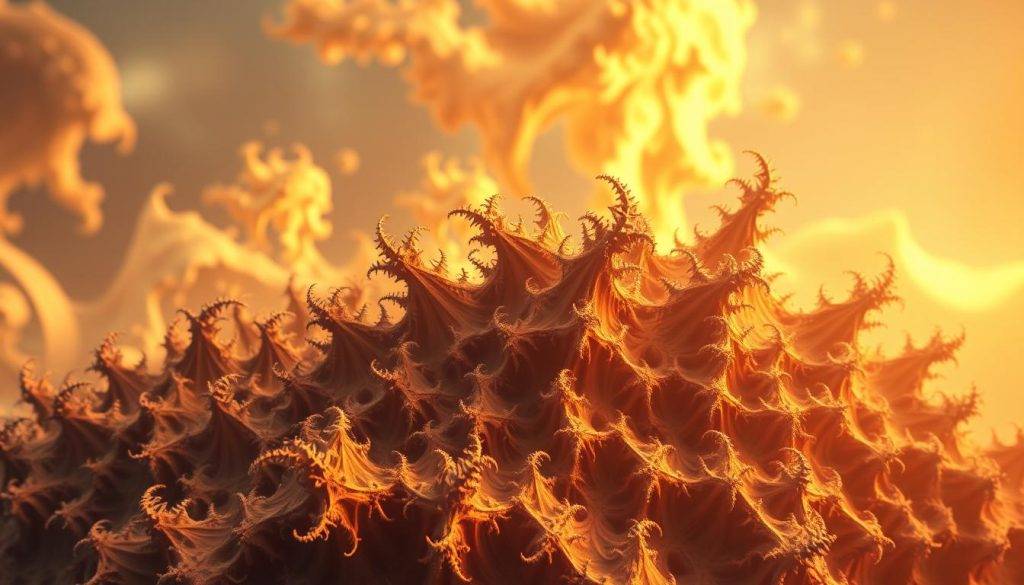 Historical fractal theories evolution: A striking visual journey through the progression of fractal concepts, from the intricate geometries of early pioneers to the cutting-edge computational simulations of modern fractals. Depict a dynamic, time-lapse composition showcasing the transformative developments in this field, with a focus on the interplay between mathematical theory and visual representation. Render the scene with a cinematic, almost nostalgic tone, using warm lighting and a subtle depth of field to guide the viewer's gaze through the evolving fractal landscapes. Incorporate key figures, seminal works, and iconic fractal patterns to weave a visually compelling narrative that captures the remarkable story of fractals across the ages.