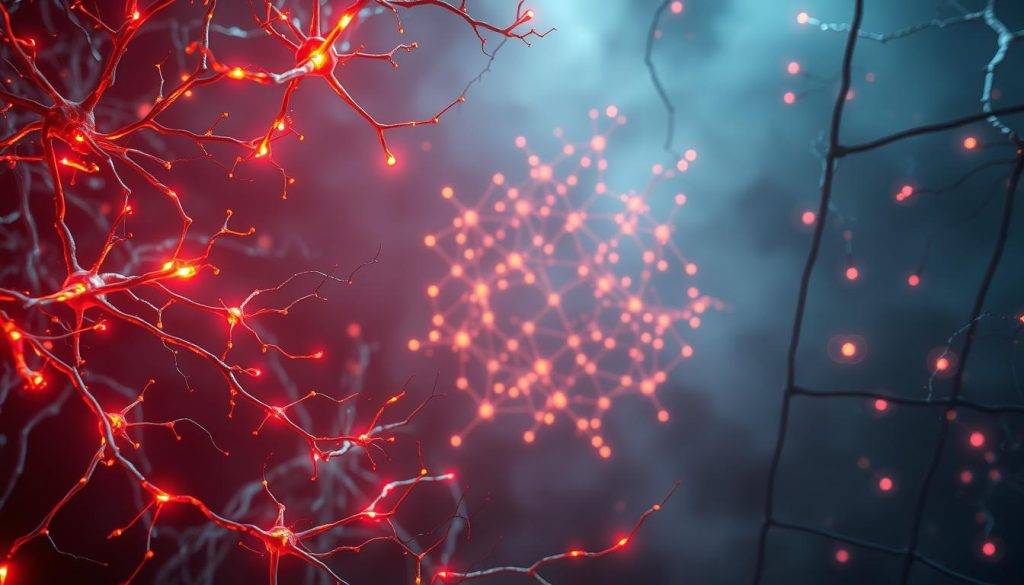 Intricate neural pathways illuminated in a captivating visual display. The foreground features vibrant, pulsing synaptic connections, their electric energy radiating outward. In the middle ground, a geometric lattice of neurons fires in a cascading pattern, showcasing the dynamic nature of the brain's information processing. The background is shrouded in a soft, ethereal glow, creating a sense of depth and mystery. Dramatic lighting casts dramatic shadows, highlighting the intricate structures and the underlying complexity of the human mind. The scene is captured with a wide-angle lens, providing a panoramic view that invites the viewer to explore the wonders of neuroplasticity.