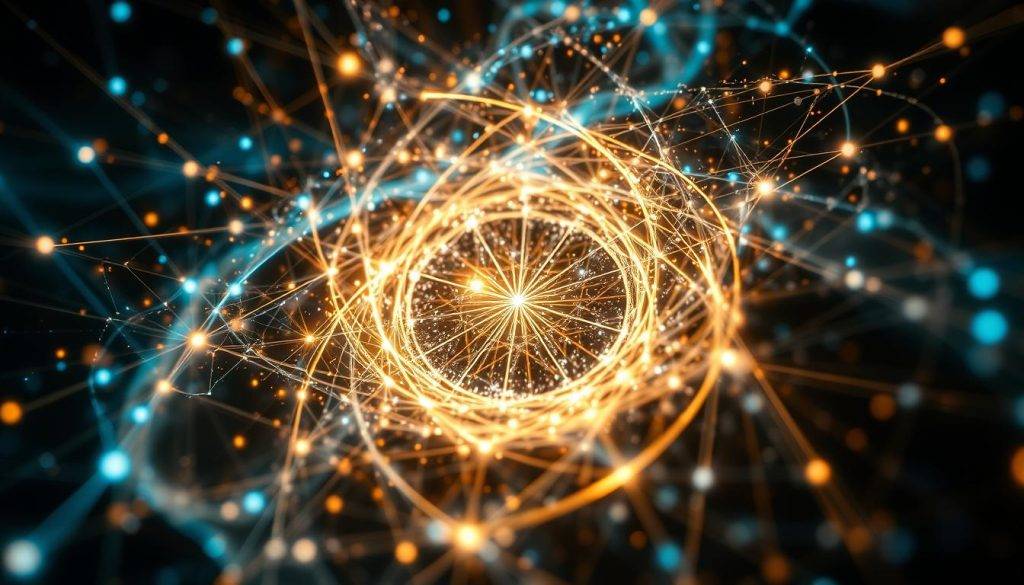Intricate quantum lattice alignment, luminous energy fields intersecting in a cosmic dance. Swirling vortices of light and matter, manifesting through the interplay of entangled particles. Shimmering strands of quantum connectivity, weaving a tapestry of interconnected potentiality. Holographic interference patterns, revealing the hidden mechanics of consciousness. Nested geometries of light bending and refracting, channeling the flow of universal information. Depth of field blurred, focus drawn to the epicenter of quantum coherence, where the fabric of reality aligns.