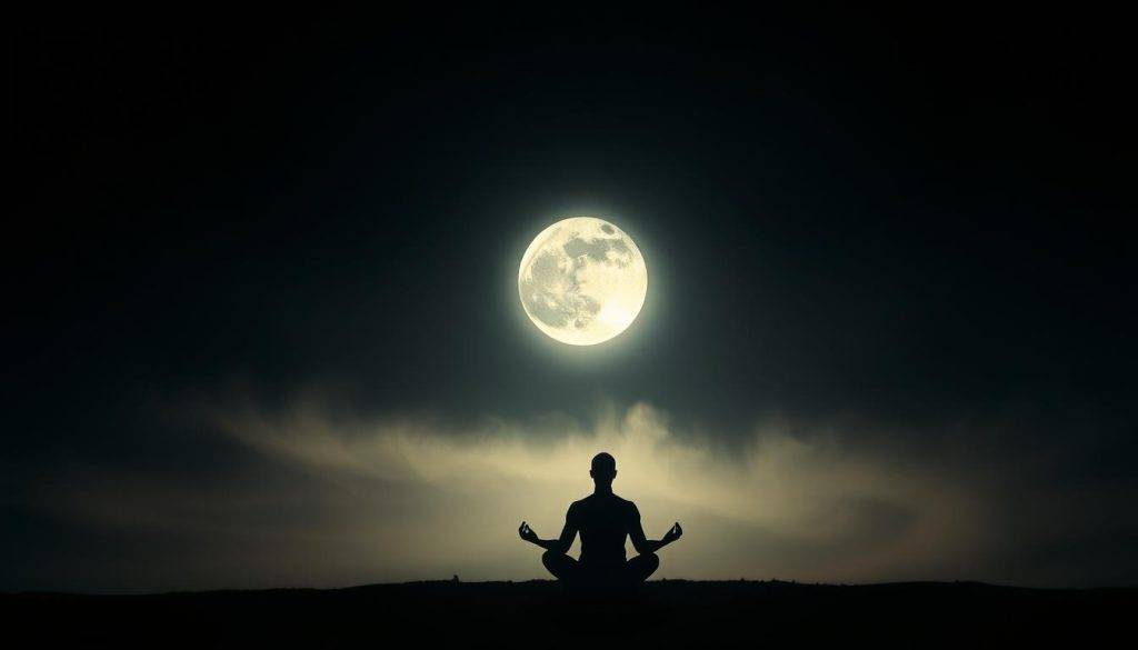 Lunar eclipse shadow work: a surreal dreamscape of the inner self. Foreground: a figure meditating, deep in contemplation, enveloped in the ethereal glow of the lunar eclipse. Middle ground: swirling wisps of shadow, reflecting the subconscious, the unseen aspects of the psyche. Background: a vast, mystical landscape, with the moon's silvery light casting an otherworldly radiance, guiding the journey of self-exploration. Soft, diffused lighting, a cinematic, introspective atmosphere. Captured through a wide-angle lens, emphasizing the vastness of the inner world. An intimate, transformative experience, where the boundaries between the physical and the spiritual dissolve.