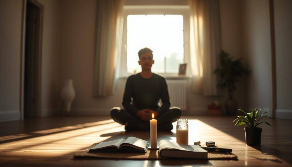 Prompt A serene, dimly lit interior space with natural light filtering through a large window, casting soft shadows. In the foreground, a person sits cross-legged on the floor, deep in contemplation, their face illuminated by an introspective glow. The middle ground features an array of personal items - a journal, a candle, a plant - symbolizing the tools of self-reflection and growth. The background is blurred, creating a sense of focus and clarity on the central figure's journey of personal responsibility and behavior change.