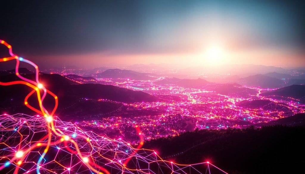 Radiant energy connections pulsing through a dynamic network, illuminating the landscape with a vibrant, ethereal glow. In the foreground, glowing tendrils intertwine, weaving an intricate tapestry of vibrant hues and intricate patterns. The middle ground features a swirling, abstract field of energy, with shimmering lines and geometric shapes converging and diverging in a mesmerizing dance. In the background, a hazy, dreamlike vista of shifting, luminous forms, evoking a sense of boundless potential and infinite possibility. Dramatic lighting casts dramatic shadows, creating a sense of depth and dimension. Captured through a wide-angle lens, the composition conveys a sense of grandeur and scale, immersing the viewer in this captivating world of dynamic energy connections.