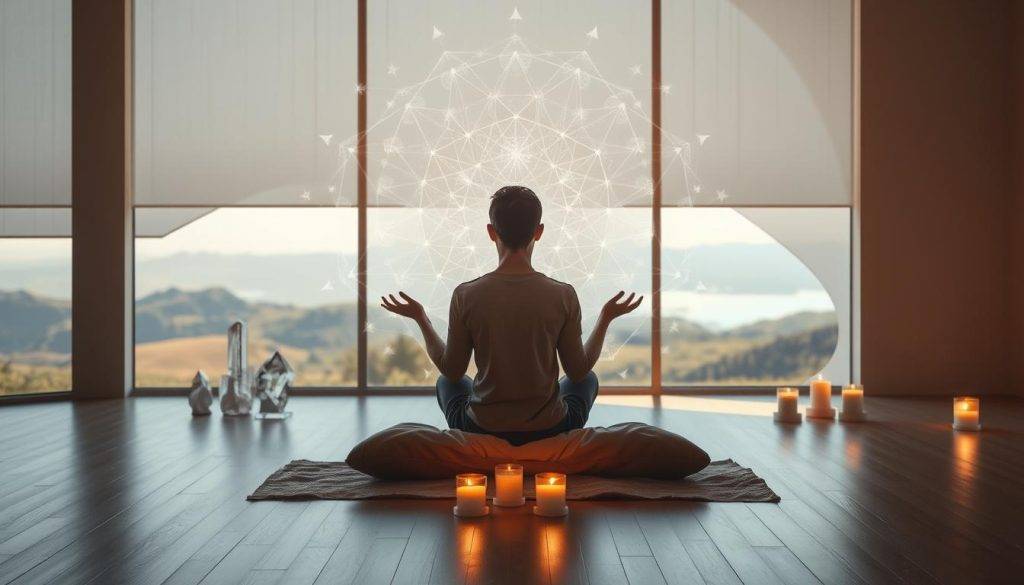 Serene meditation room bathed in soft, natural lighting. In the foreground, a person sits cross-legged on a plush cushion, eyes closed, palms facing upwards in a state of deep contemplation. Surrounding them, ethereal energy fields and subtle geometric patterns emanate, visualizing the observer's conscious connection to the fabric of reality. In the middle ground, crystal sculptures and flickering candles create an atmosphere of sacred tranquility. The background depicts a panoramic vista of rolling hills and a tranquil lake, reflecting the mental landscape of the meditator.