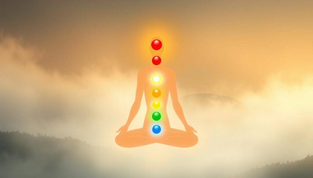 Seven energy centers diagram, depicting the seven chakras of the human body, illuminated with a soft, ethereal glow. The chakras, represented as glowing orbs, are arranged in a vertical column, each radiating a distinct color: root (red), sacral (orange), solar plexus (yellow), heart (green), throat (blue), third eye (indigo), and crown (violet). The background is a serene, misty landscape, with a gentle light source casting a warm, ambient illumination. The overall composition is balanced and harmonious, highlighting the interconnectedness and spiritual significance of the chakra system.