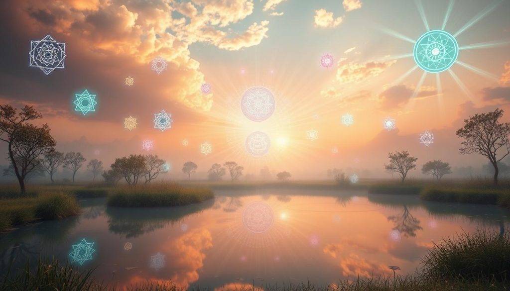 Solfeggio frequencies healing properties: a serene, ethereal landscape with vibrant, glowing geometric shapes and symbols floating amidst a soft, pastel-colored sky. The foreground features a tranquil pond reflecting the celestial patterns, while the middle ground showcases pulsing, colorful orbs and rays of light radiating outward. The background is bathed in a warm, gentle glow, creating an atmosphere of profound inner peace and spiritual harmony. Dramatic, cinematic lighting casts dramatic shadows and highlights the mystical, healing energy of the Solfeggio frequencies. Captured with a wide-angle lens to convey a sense of vastness and wonder.