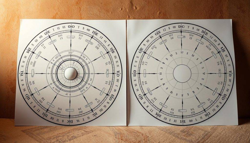 Two astrological birth charts displayed side-by-side, with a soft, warm lighting illuminating the intricate details of the charts. The charts are set against a muted, earthy background, creating a serene and contemplative atmosphere. The foreground features the overlapping celestial symbols and planetary placements, hinting at the comparative analysis between the two charts. The middle ground showcases the zodiac signs and houses, inviting the viewer to explore the deeper connections and insights revealed by this natal chart comparison. The overall composition evokes a sense of balance, harmony, and the exploration of one's personal astrological journey.