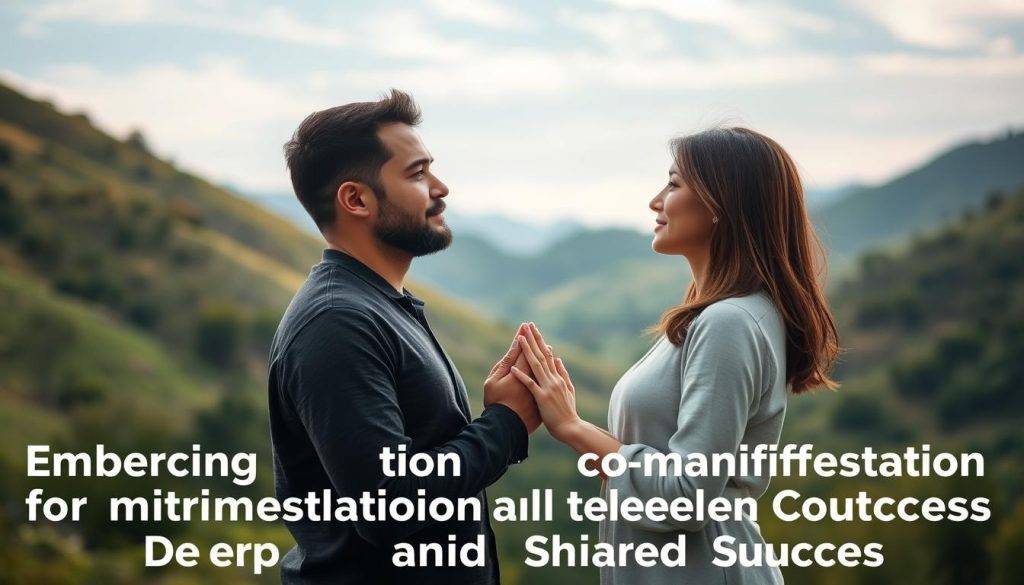 Two individuals, a man and a woman, standing close together in a serene, natural setting. Their bodies are aligned, their hands clasped, gazing into each other's eyes with a deep, harmonious connection. Soft, diffused lighting illuminates their faces, creating an aura of tranquility and emotional intimacy. The background is a blurred, dreamlike landscape of rolling hills, lush greenery, and a calming sky with wispy clouds. The overall atmosphere evokes a sense of unity, synergy, and the powerful energy of a co-manifestation between partners, embodying the essence of the "Embracing co-manifestation for Deeper Connection and Shared Success" section.