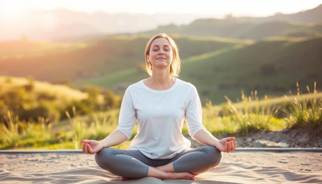 Ventral vagal activation techniques: a serene outdoor scene, with a person sitting in a peaceful meditation pose, eyes closed, radiating a sense of calm and inner connection. Soft, natural lighting casts a warm glow, enhancing the tranquil atmosphere. In the background, a lush, verdant landscape unfolds, with rolling hills and a distant horizon. The composition is balanced, with the person positioned centrally, creating a sense of focus and introspection. The overall mood is one of relaxation, mindfulness, and the restoration of emotional and physiological well-being.