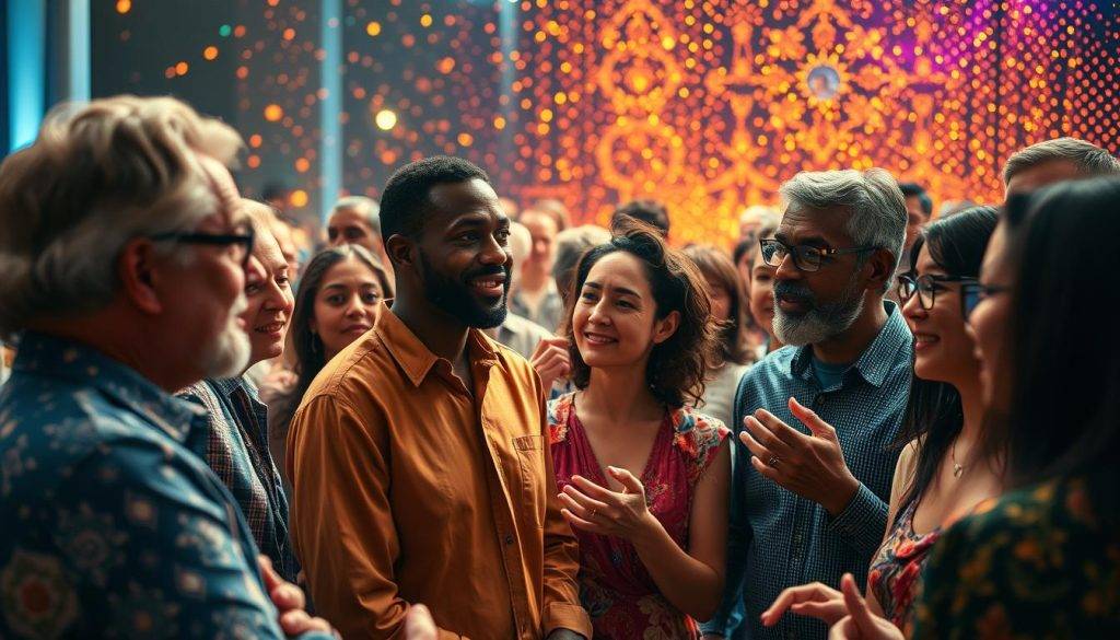 Vibrant collective consciousness manifests in a dynamic tapestry of interconnected individuals, their thoughts and emotions weaving a captivating energy field. In the foreground, a diverse group of people engage in thoughtful discussion, their faces alight with understanding. The middle ground reveals a kaleidoscope of gestures and expressions, each one a testament to the shared wisdom. In the background, a shimmering, ethereal backdrop suggests the unseen forces that bind us, the morphic fields that shape our daily lives. Soft, warm lighting casts a gentle glow, inviting the viewer to feel the palpable resonance of collective consciousness. A cinematic, wide-angle lens captures the scene, conveying the expansive nature of this profound, everyday phenomenon.