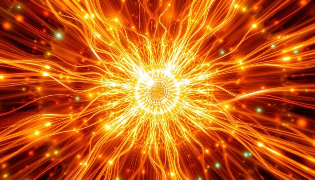 Vibrant energy pulses through a kaleidoscopic realm, where soundwaves manifest as radiant ribbons of light. Mesmerizing fractals undulate in a captivating dance, their shimmering tendrils weaving a tapestry of sonic resonance. Luminous orbs pulsate in sync, their rhythmic glow channeling the very essence of musical vibration. Beams of light refract and converge, creating a dynamic visual symphony that embodies the transformative power of music. Bathed in a warm, ethereal glow, this captivating scene invites the viewer to immerse themselves in the transcendent realm of music's energetic expression.