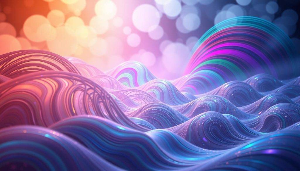 Vibrant, swirling patterns of sound frequencies fill the frame, showcasing the dynamic and captivating nature of cymatics. In the foreground, intricate wave-like formations undulate across the canvas, their contours shifting and morphing in a mesmerizing dance. The middle ground features vibrant, prismatic bands of color that pulse and reverberate, each frequency creating its own unique visual signature. In the background, a hazy, ethereal glow imbues the scene with a sense of ethereal wonder, as if the very air is alive with the energy of sound. Soft, directional lighting accentuates the depth and dimensionality of the patterns, casting dynamic shadows and highlights that bring the visual frequencies to life. The overall mood is one of enchantment and scientific intrigue, inviting the viewer to explore the hidden beauty of the invisible world of sound.