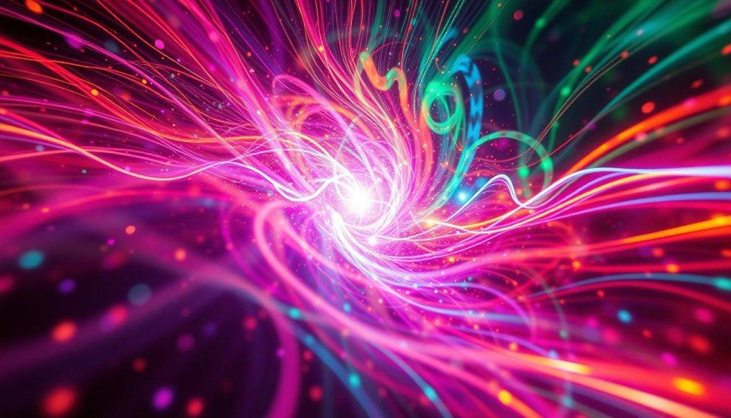 Vibrant waves of musical energy, pulsing through the frame. Swirling multicolored auras emanating from a central point, radiating outwards in a kaleidoscopic display. Pulsing lines of force, ebbing and flowing with the rhythm of the music. Glowing spheres of light, dancing and colliding in an ethereal choreography. Shimmering, translucent layers of color and light, blending and merging in a dynamic, energetic composition. Dramatic chiaroscuro lighting, casting dramatic shadows and highlights. Cinematic, wide-angle perspective, capturing the immersive, enveloping quality of the high-energy musical vibrations.