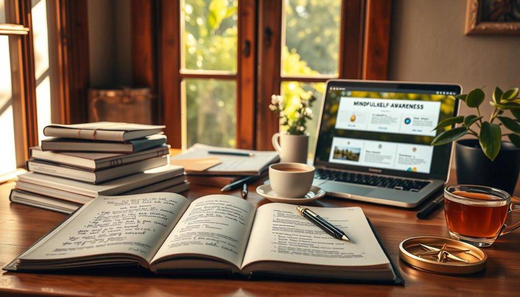 Warm-toned study filled with thoughtful coaching resources for cultivating self-awareness. In the foreground, an open book with meditative sketches and prompts. Beside it, a stack of journals, pens, and a compass symbolizing self-reflection. In the middle ground, a laptop displaying mindfulness exercises, alongside a cup of tea and a plant - representing the balanced, grounded nature of this practice. The background features a serene, sun-dappled window overlooking a lush, verdant landscape, evoking a sense of tranquility and inner discovery. Soft, diffused lighting casts a contemplative glow over the scene.